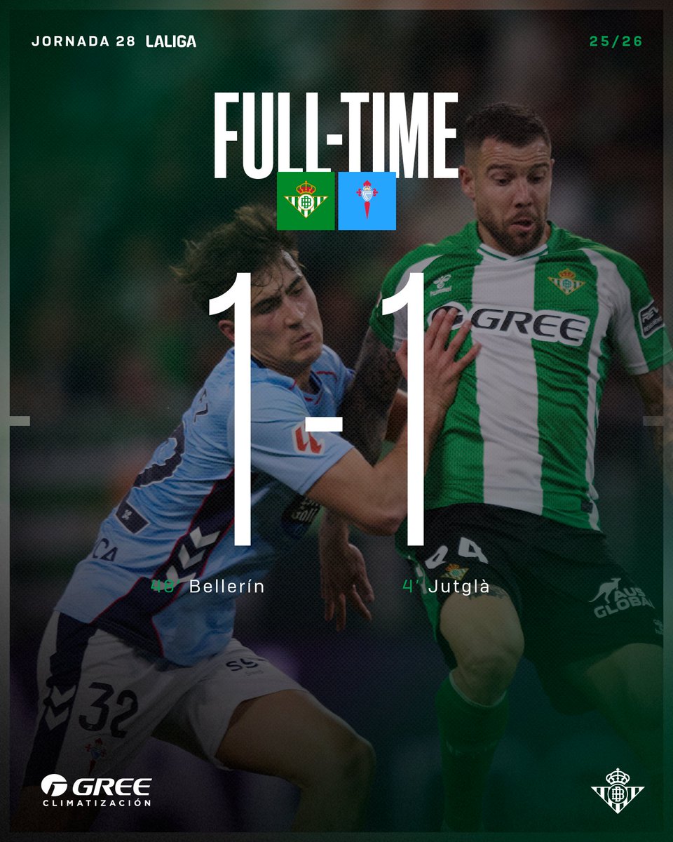 RealBetis's tweet photo. 95' ⏱⚽️ Final del partido con reparto de puntos en La Cartuja.

💚🤍 #RealBetisCelta 1-1 🔵⚪

#DíaDeBetis https://t.co/GpxRJELnsZ