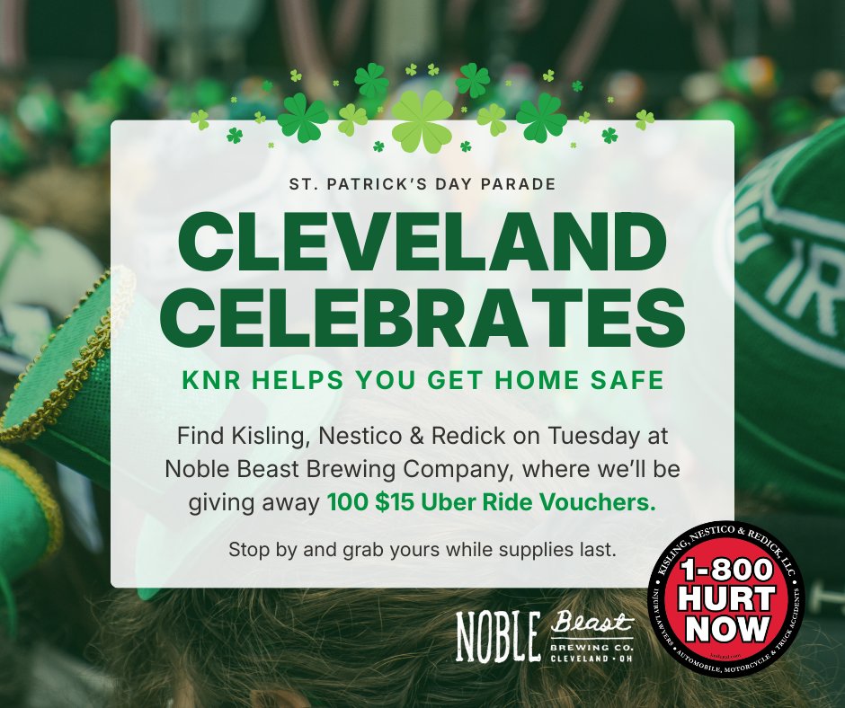 Heading out for some St. Paddy's Day fun? KNR's got your back! We're joining forces with Noble Beast Beer Company this St. Patrick's Day to offer $15 Uber vouchers to 100 Clevelanders to ensure they have a safe ride home when the jig ends.