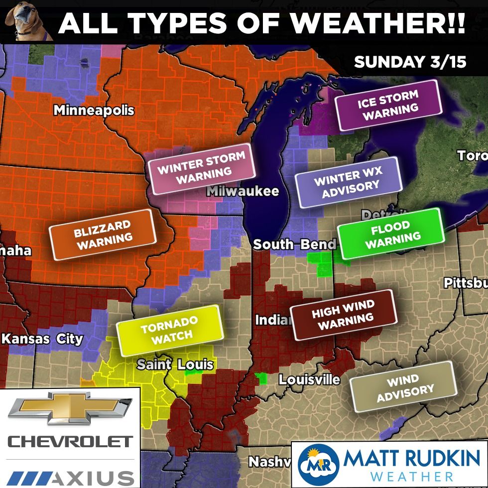 MattRudkinWX's tweet photo. What a dynamic system!! From blizzard warnings (30"+ snow!) to our north, severe weather to our south, significant non-t'storm wind all around us, etc. Being in the middle isn't a bad thing this type -- no extremes on either side! https://t.co/n9r3dqSbkq