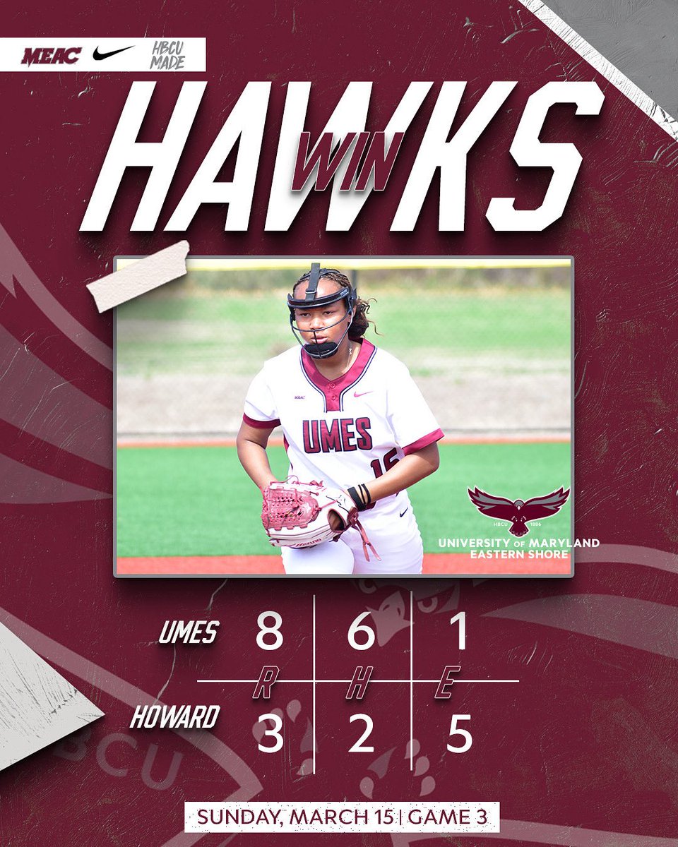 UMESHawksSB's tweet photo. 🥎 𝐌𝐄𝐀𝐂 𝐖𝐈𝐍 🥎

UMES softball defeated Howard, 8–3, to close its first conference series of the season! 

Recap of today’s win will be available at https://t.co/pAZovpOubG.

#HawkPride | #SoarAboveandBeyond | #HBCUMade https://t.co/RlbtclJFV7