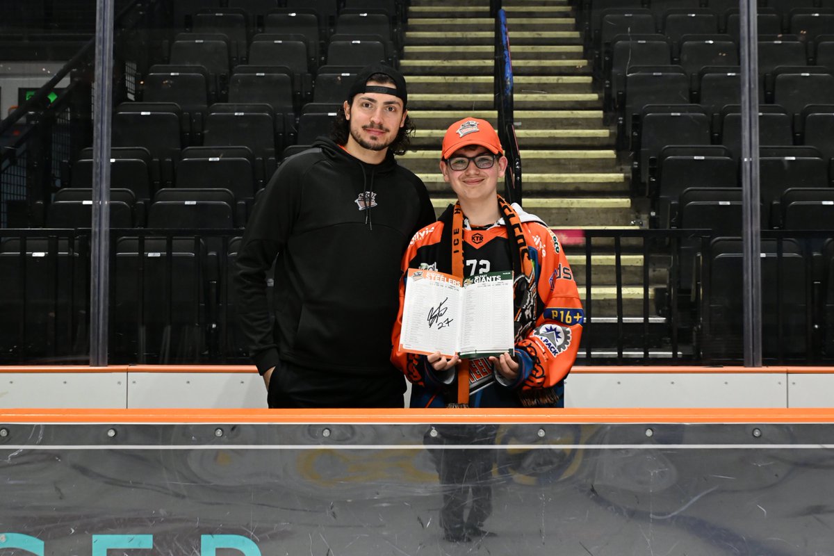 steelershockey's tweet photo. Congratulations to Charlie who won our signed programme on Saturday and got to meet Cole Shudra on the bench after the game 🧡🏒

#SteelersHockey https://t.co/IMJiqoicXl