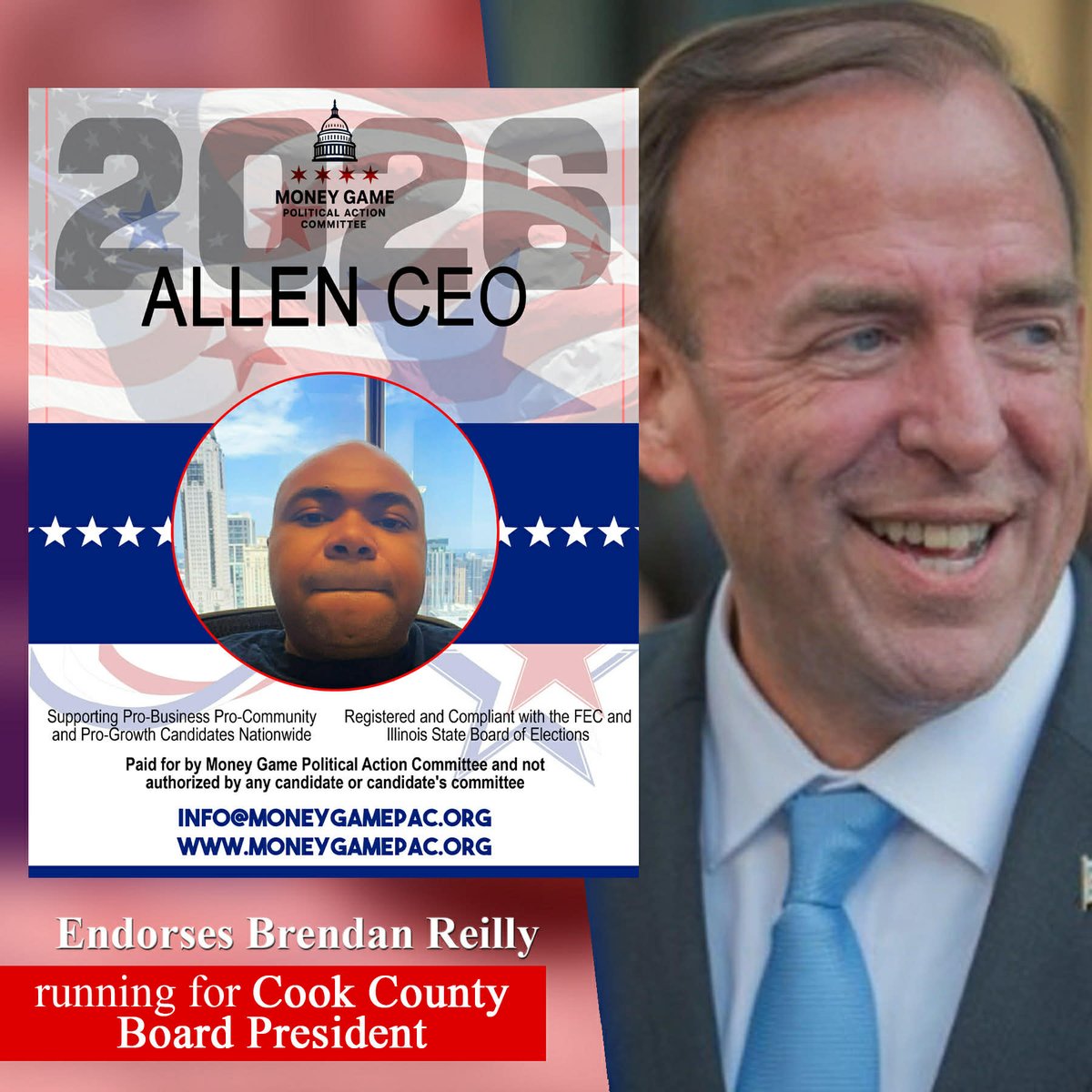 moneygamepac's tweet photo. As a National Political Organization, Money Game Political Action Committee @moneygamepac and its CEO @realAllenWatson would like to announce we are endorsing Brendan Reilly @AldReilly for Cook County Board President.

Alderman Brendan Reilly is a strong leader we need as Cook County Board President fighting to keep Communities safe, fighting for working middle class families, supporting small businesses, cutting taxes, fighting against government waste, and advocating for more affordable housing.

We encourage everyone to Vote for Brendan Reilly March 17th as we take back our City and State and build better safer Communities.