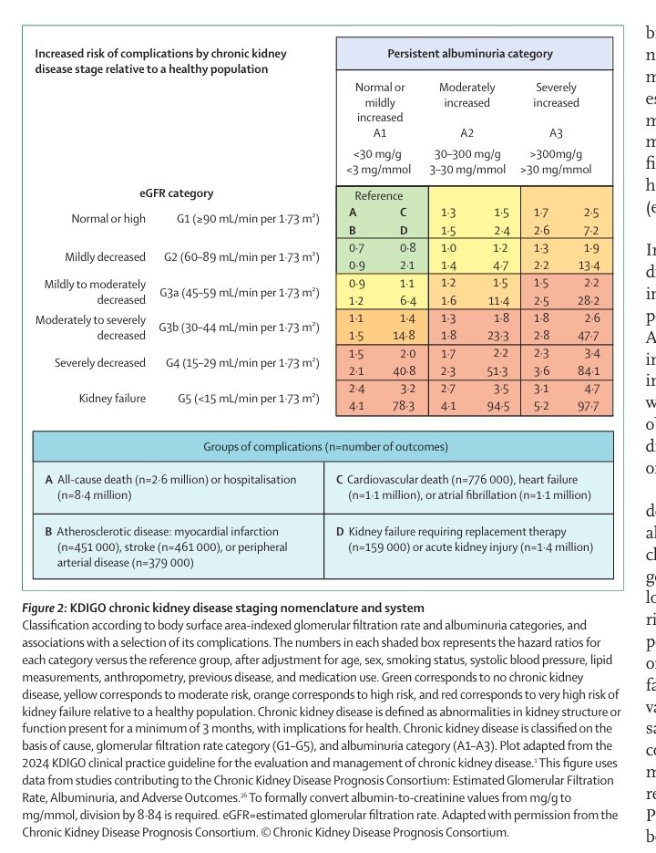 rksanti's tweet photo. 🧵 Enfermedad Renal Crónica (ERC): 2026
El nuevo seminario de The Lancet sintetiza el estado actual de la ERC, una enfermedad silenciosa que está redefiniendo la medicina cardio-renal-metabólica.
🌍 1. La magnitud del problema
La ERC es una de las mayores amenazas sanitarias globales:
📊 ~ 850 millones de personas viven con ERC
🩺 ~ 4 millones requieren terapia de reemplazo renal
📈 Para 2050 será la 5ª causa de muerte mundial 
Pero el dato más importante:
⚠️ La mayoría de pacientes con ERC mueren por enfermedad cardiovascular antes de llegar a diálisis. 
➡️ La ERC es, ante todo, una enfermedad cardiovascular sistémica.
🧪 2. Diagnóstico: simple, barato y subutilizado
El diagnóstico se basa en dos pruebas:
🔹 TFG estimada (eGFR)
🔹 Relación albúmina/creatinina urinaria (uACR)
La ERC se define como alteraciones estructurales o funcionales del riñón ≥3 meses con impacto en salud. 
Clasificación KDIGO (C-G-A):
C → causa
G → filtrado glomerular
A → albuminuria
💡 Albuminuria puede aparecer antes de la caída de la TFG, por lo que su medición es crítica para detección temprana. 
⚠️ 3. Factores de riesgo clave
La ERC hoy está impulsada por la epidemia cardiometabólica:
🩸 Diabetes (principal causa global)
📈 Hipertensión
⚖️ Obesidad
❤️ Enfermedad cardiovascular
👵 Envejecimiento poblacional
En muchos países, la nefropatía diabética ya superó a las glomerulonefritis como causa principal de ERC. 
❤️ 4. La conexión cardio-renal
TFG <60 ml/min o albuminuria ≥A2 se asocian con aumento de:
🫀 Infarto
🧠 ACV
💔 Insuficiencia cardiaca
⚡ Muerte súbita
Esto explica por qué la ERC es ahora el núcleo del síndrome cardio-renal-metabólico. 
💊 5. El gran cambio terapéutico (2019-2025)
Durante décadas, el tratamiento se limitaba a:
• Control de presión arterial
• Inhibidores del sistema renina-angiotensina
Ahora el paradigma cambió.
El artículo define 4 intervenciones núcleo para todos los pacientes con ERC:
1️⃣ iSGLT2
2️⃣ IECA/ARA II
3️⃣ Estatinas
4️⃣ Control intensivo de presión arterial 
📉 Los iSGLT2 reducen el riesgo de falla renal ~30% y hospitalización por IC ~40%. 
🧠 6. En diabetes: triple terapia moderna
En pacientes con ERC y diabetes tipo 2 se suman tres estrategias:
💉 Agonistas GLP-1 (ej. semaglutida)
💊 Finerenona (nsMRA)
🎯 Control individualizado de HbA1c
El ensayo FLOW mostró que semaglutida reduce eventos renales mayores ~25%. 
📊 7. Estratificación de riesgo moderna
El artículo destaca la importancia de usar:
🧮 Kidney Failure Risk Equation
Variables:
• edad
• sexo
• eGFR
• uACR
Permite estimar riesgo de diálisis a 2 y 5 años, ayudando a decidir derivación a nefrología. 
⚕️ 8. Qué debería hacer cualquier clínico hoy
El seminario deja un mensaje claro:
📌 La ERC ya no es solo problema del nefrólogo.
Todo clínico debería:
✔️ Tamizar pacientes de riesgo
✔️ Iniciar terapias cardio-renales
✔️ Evitar nefrotóxicos
✔️ Tratar agresivamente factores cardiovasculares
🫀Una implementación global de estas medidas podría reducir sustancialmente la carga mundial de ERC. 
🧠 Conclusión
La ERC está pasando de ser una enfermedad terminal a una patología prevenible y tratable, gracias a la medicina cardio-renal moderna.
Pero el desafío no es descubrir terapias nuevas.
⚠️ Es implementar las que ya tenemos
Si te interesa análisis clínico de artículos recientes de medicina interna:
📲 Sígueme en X: @rksanti
📚 Únete a mi canal de artículos médicos:
https://t.co/zSvrxOP1L9