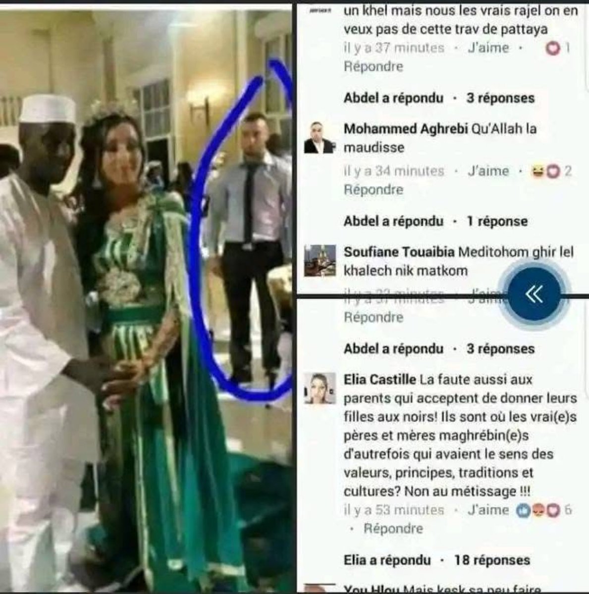 DepecheAES's tweet photo. #Amalgames: UNE MAROCAINE s'est mariée a un noir, voici un peu les commentaires des margrebiens...
Les noirs ne doivent pas se marier avec des marocains, Égyptiens, algériens...etc
quelque soit sa religion pourquoi ...?
Quel est le mystère de la peau noire ?
Est-ce que la peau noire est un signe de malédiction ?
Si non !
Alors pourquoi sont-ils méprisés par la majorité de la peau blanche ou qu'est-ce qu'ils racontent à leurs enfants que les noirs ne savent pas ?
