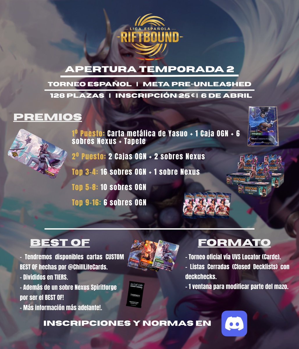 🎁 ¡SORTEO DE APERTURA TEMPORADA 2! 🎁

Para celebrar el inicio del mayor torneo español de Riftbound, ¡sorteamos 3 PLAZAS GRATUITAS para La Liga! 🔥

Para participar:
1️⃣ Sigue a <a href="/RiftSpainLeague/">Liga Española de Riftbound</a> 
2️⃣ Dale RT y Like a este tweet 🔁❤️ 
3️⃣Entra a nuestro Discord