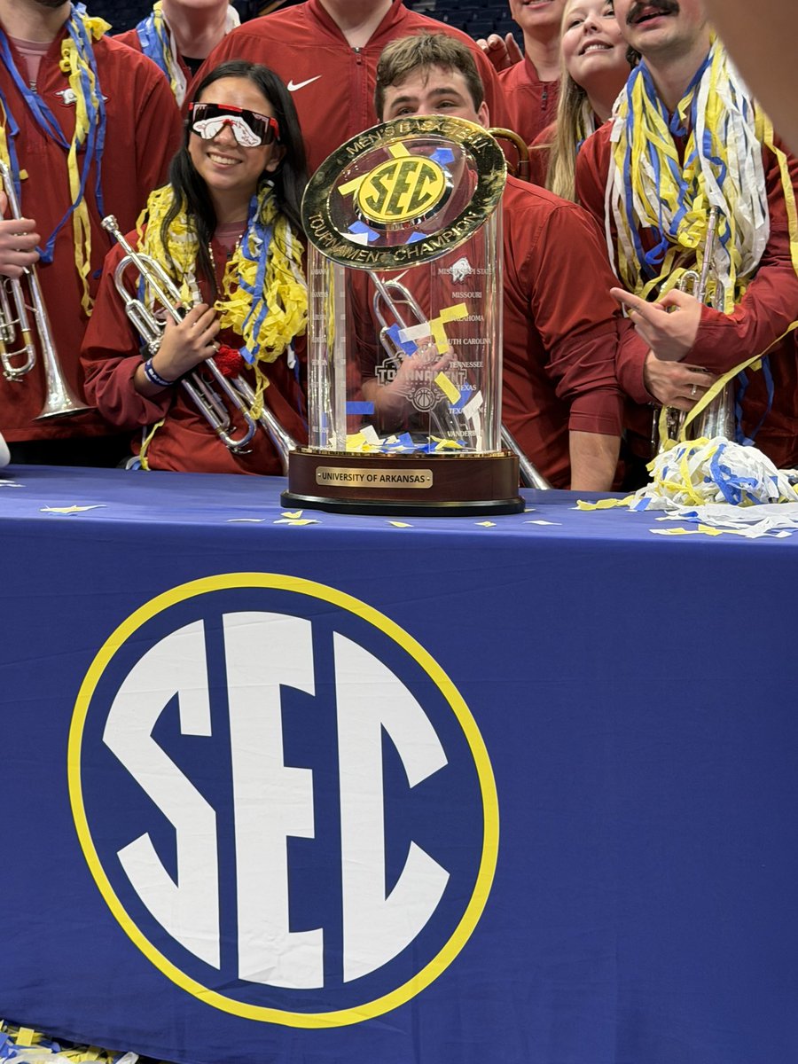 GregSankey's tweet photo. Congratulations to the 2026 @SEC Men’s Basketball Tournament Champion @RazorbackMBB team! With a shout out to the band! #ItJustMeansMore https://t.co/tjTwoEqRz5