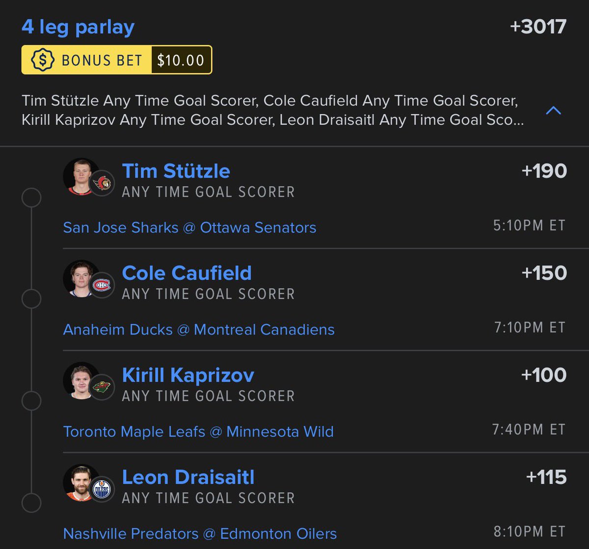 DougieBubsBets's tweet image. NHL Sunday Goals 🚨

Tkachuk/Boldy/McDavid +1153 0.25u 🚨
🔗 betfinder.short.gy/NeOPRC?utm_ref…

Stutzle/Caufield/Kaprizov/Draisaitl +3017 0.2u 🚨
🔗 betfinder.short.gy/jrHMBk?utm_ref…

Combo Nuke +35469 0.05u ☢️
🔗 betfinder.short.gy/XOORJM?utm_ref…

#GoSensGo #mnwild #LetsGoOilers #GoHabsGo #NHLPicks #NHLBets