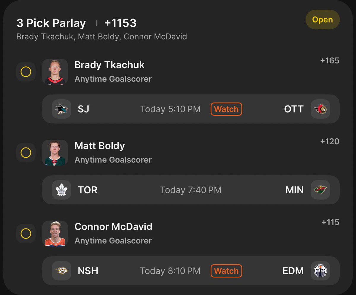 DougieBubsBets's tweet image. NHL Sunday Goals 🚨

Tkachuk/Boldy/McDavid +1153 0.25u 🚨
🔗 betfinder.short.gy/NeOPRC?utm_ref…

Stutzle/Caufield/Kaprizov/Draisaitl +3017 0.2u 🚨
🔗 betfinder.short.gy/jrHMBk?utm_ref…

Combo Nuke +35469 0.05u ☢️
🔗 betfinder.short.gy/XOORJM?utm_ref…

#GoSensGo #mnwild #LetsGoOilers #GoHabsGo #NHLPicks #NHLBets