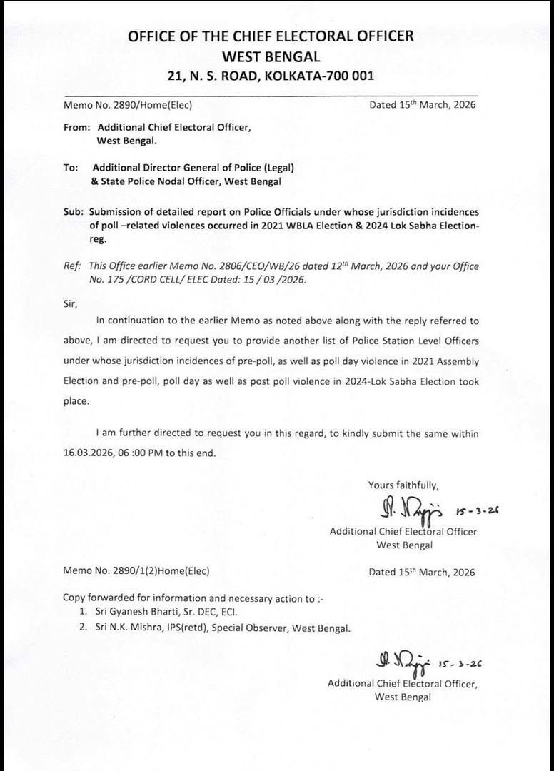 amitmalviya's tweet photo. In a major confidence-building move to ensure free and fair elections in West Bengal, the EC has directed the state police’s election nodal officer to provide a list of areas where violence occurred during the 2021 West Bengal Legislative Assembly election and the 2024 general election, along with the names of the officers who were posted there at the time.

The move suggests an effort to review accountability and ensure stricter oversight, with a warning that officials found to have engaged in illegal or unconstitutional actions could face disciplinary proceedings under Article 311 of the Constitution of India, which allows for penalties or dismissal of government servants.