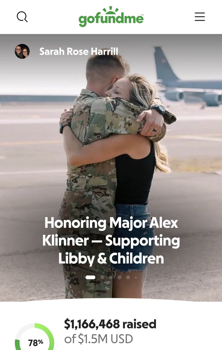 Over $1,166,000 has been raised on GoFundMe for the family of Major John Alex Klinner, one of six US airmen killed in a KC-135 Stratotanker crash in western Iraq.

The Honoring Major Alex Klinner Supporting Libby &amp; Children campaign, started by his sister-in-law Sarah Rose
