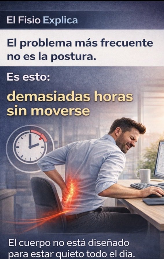 Elfisioexplica's tweet photo. Mucha gente cree que el dolor de espalda aparece por una mala postura.

Pero en consulta veo otra causa mucho más frecuente.

El problema casi siempre es pasar demasiadas horas sin moverse.

Te lo explico en estas imágenes 👇

¿Cuántas horas pasas sentado al día? https://t.co/hmmth3WhCV