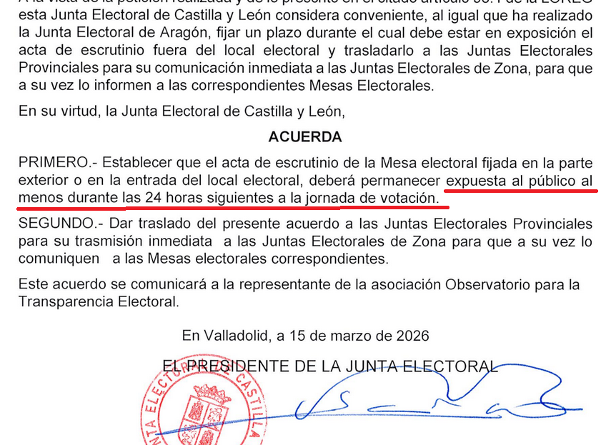 🗳️☑️🔴🔴De nuevo, el OpTE consigue que otra Junta Electoral, esta vez la de Castilla y León, fijen un plazo mínimo de exposición de las actas en los locales electorales.
Mañana LUNES, podéis acudir a los locales electorales y EXIGIR la exposición del acta ¡fotografía y envíala!