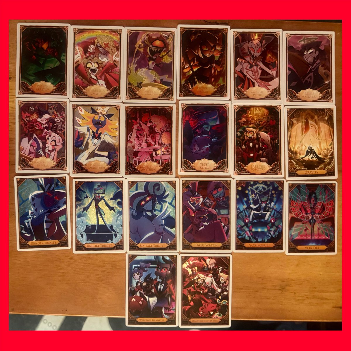Westbroo6Keaton's tweet image. I’m also finished my promo cards collection (at least until Promo Card 25 comes out that is) so I’m hunting and searching for Promo Cards 5, 10, 12 and 13. If anyone has spare cards of the promo cards I’m hunting, let me know and DM me. #HazbinHotel #TradingCards #PromoCards