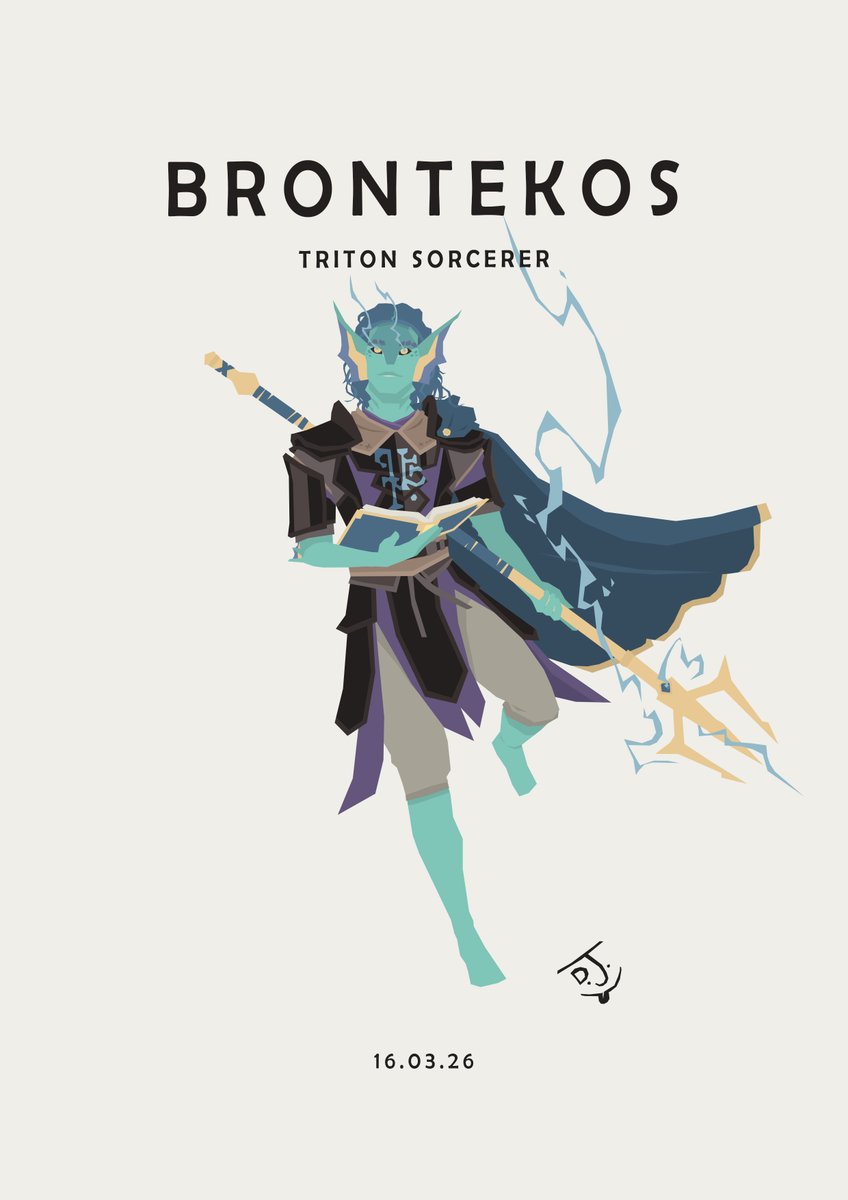 Sketchgoblin's tweet image. Brontekos carries the storm in his voice and the stories of others in the pages of a well-worn book. As he travels, he records the lives of the people he meets - allies, enemies, and strangers alike - so that their stories are not lost when they are gone.
#Triton #Sorcerer