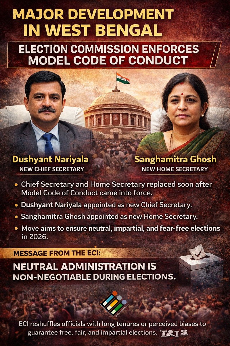🚨Major development in West Bengal.

Soon after the Model Code of Conduct came into force, the Election Commission of India removed the state’s Chief Secretary and Home Secretary, signalling strict oversight ahead of the upcoming elections.

New appointments:
• Dushyant Nariyala