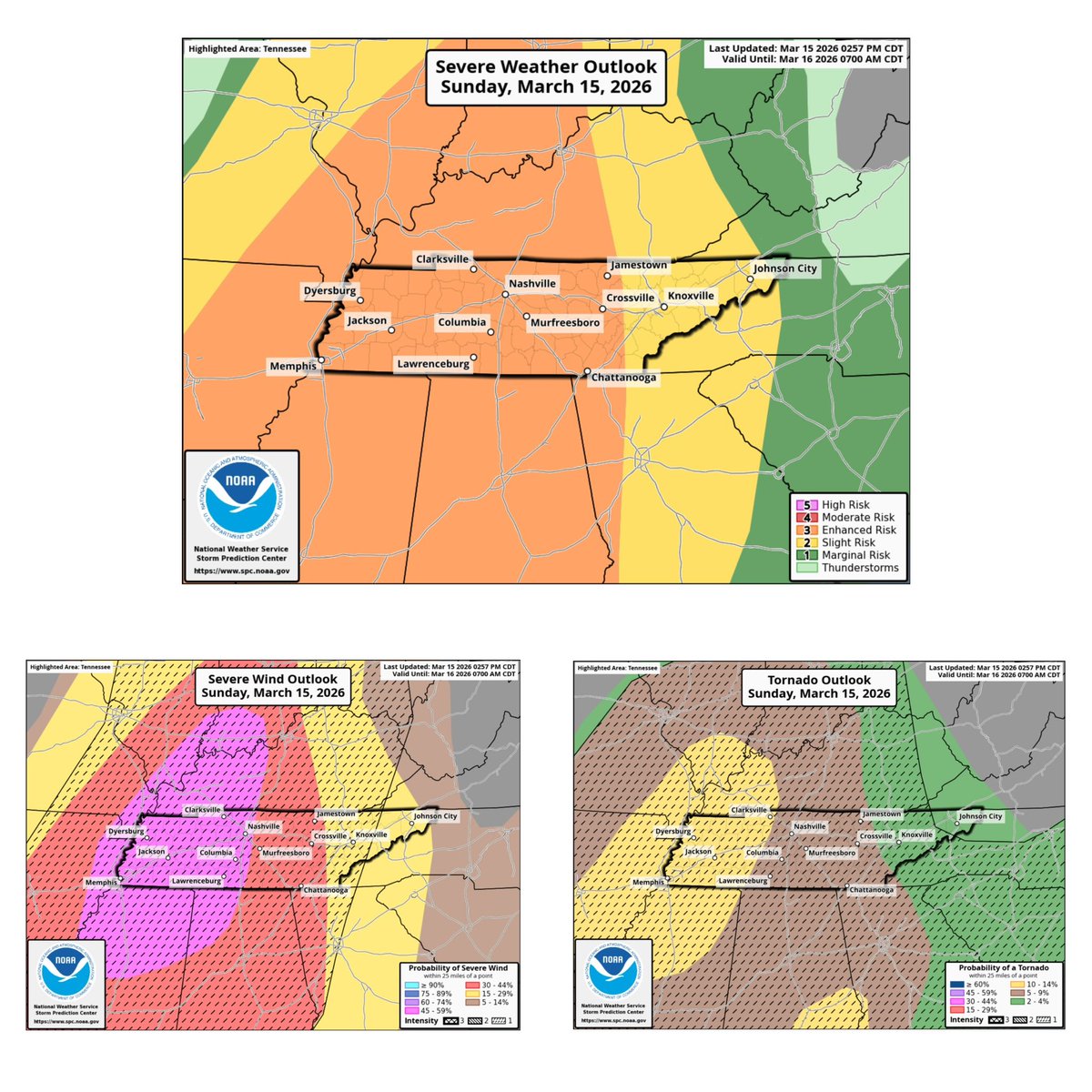 w4qlc's tweet photo. 3:00 PM update The Storm Prediction Center continues the Enhanced Risk level (3/5) for all of Middle Tennessee. 

The 45% CIG 1 Damaging wind risk has also shifted a bit east to include Clarksville, Nashville, Columbia, and Lawrenceburg. 

As for the Tornado Risk for most of Middle Tennessee we are under a 5% CIG 1. As for Clarksville, yall are under a 10% CIG 1 risk for this evening. 

Stay Wx aware this evening and take each warning seriously! #tnwx