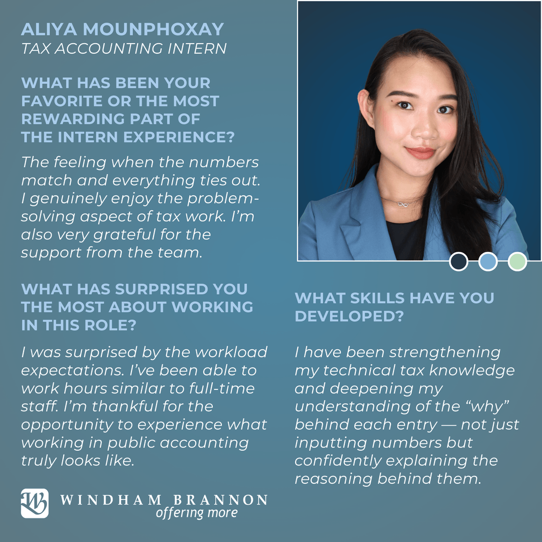 WindhamBrannon's tweet photo. We’re proud to spotlight Aliya, our Spring Tax Intern.

She is a Senior majoring in Business Administration with a concentration in Accounting at Georgia Gwinnett College and has been doing great work this season! 

#InternSpotlight #SpringInterns https://t.co/BWTOZ3FXtd