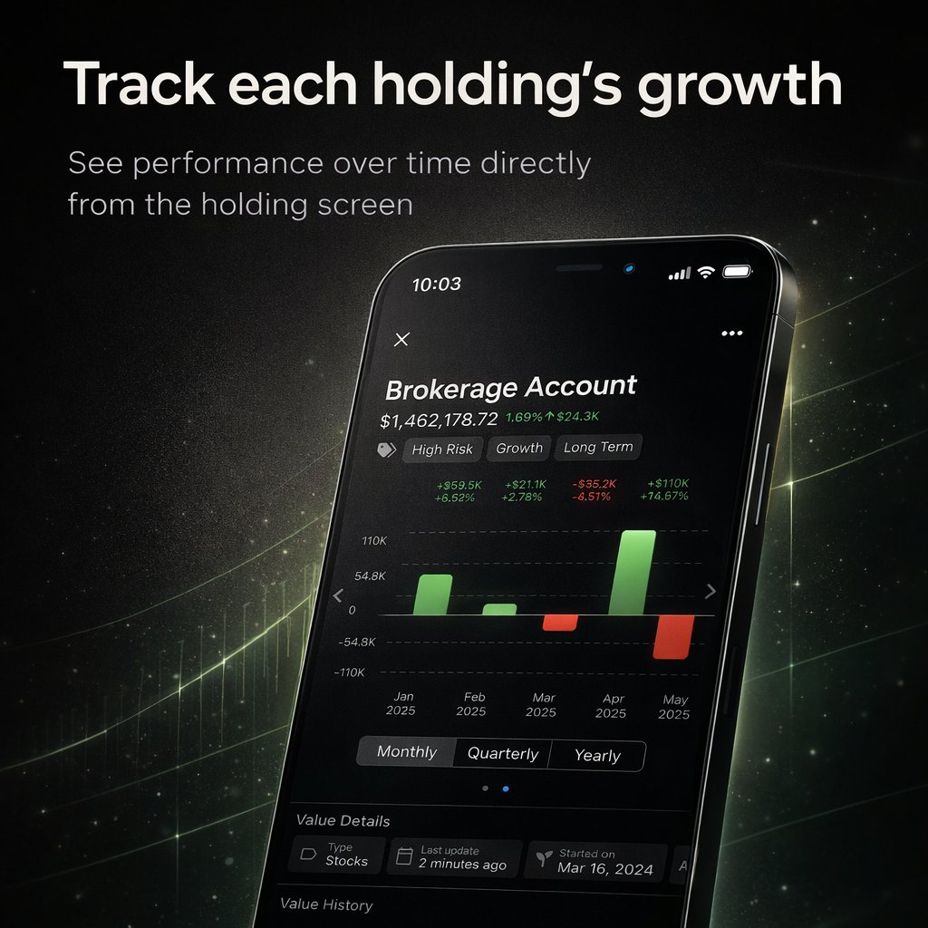 WorthTracker's tweet photo. See how each holding has grown over time directly from the holding screen. Available now in the latest app version. https://t.co/K7SgVdMOSD