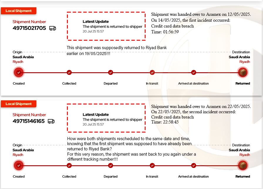 hd039333's tweet photo. Serious Security Breach + Evidence of Timeline Tampering – Forensic Update (Part 2)

Riyad Bank Mastercard renewal chain: old card *1174 remained active → leaked/activated on https://t.co/qPuEAPMfCd US 14 May 2025 (01:56:59).  
New card *1233 sent with wrong mobile number → leaked on Amazon 22 May 2025 (22:58:45) while In_Transit/Returned.

Latest Aramex statement (see attached "Aramex ENG.jpg"):
- Shipments allegedly returned to Riyad Bank on **different dates** (first ~19 May 2025 or earlier, second later).

The bombshell:
When pressed on inconsistencies, Aramex **modified/edited both shipment return records** to show the **exact same return date, time, and second**:
• Shipment 49715021705 (renewal *1233): Returned 20 Jul 2025 15:15:57
• Shipment 49715146165 (re-sent *1233): Returned 20 Jul 2025 15:15:57

Both shipments rescheduled to **identical timestamp** - despite:
- Different tracking numbers
- Different handover dates to Aramex (12 May vs 22 May 2025)
- First shipment supposedly already returned to bank weeks earlier (around 19 May 2025)

How is this possible?
- Post-facto database edit / override to align records and hide chain-of-custody gaps?
- Attempt to retroactively "fix" conflicting logs after customer pressure?

This is no longer just a data leak - it's **potential evidence tampering** on top of upstream credential exposure.

Recap Logic & Probability:
IF (Card == In_Transit / Transition) ∧ (Enrolled_on_Amazon == TRUE)
THEN Internal_Data_Stream (Bank → Amazon) → Internal_Leak = TRUE

P(Internal_Leak) → 1.0 (transition exposure + logistics mishandling + now timeline manipulation)

Compliance & Integrity Flags:
• PCI DSS §7 – Access Control Failure
• ISO 27001 A.13 – Data Transfer & Integrity
• Potential violation of data record authenticity rules (tampering indicators)

Pattern of Negligence → Exploitation:
- Wrong mobile from shipper → no contact → failed delivery
- Re-issue with same flaw after complaint
- Automatic replacement (*1795) + forced fees despite "suspend only" request
- Now: synchronized fake timelines to deflect scrutiny
@RiyadBank @Aramex @AmazonHelp @Mastercard  @FTC 
Why were both unrelated shipment returns edited to the **exact same second** (20 Jul 2025 15:15:57)?  
Was this a system correction, manual override, or attempt to conceal earlier return discrepancies?  
How can credentials leak on Amazon **before** logistics handover - twice?

Full root-cause investigation + unaltered logs required - publicly.

See you after Eid Al-Fitr.  
The waves are raging. 🔥

#DataBreach #TimelineTampering #PCIDSSViolation #CFPB #FTC #RiyadBank #Aramex #Amazon #تسريب_بيانات #ثمّن_بياناتك