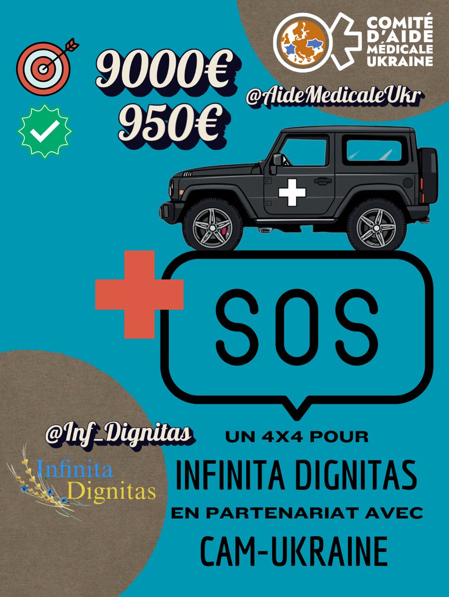 Objectif : 1000€ dès ce soir !🎯

Il ne manque plus que 50 € pour franchir ce 1er palier et financer le 4x4 de <a href="/Inf_Dignitas/">Infinita Dignitas</a> via <a href="/AideMedicaleUkr/">Comite d'Aide Médicale 🇺🇦 Medical Aid Comittee</a> 💙💛

Grâce à vous 🥰:
✅950 € déjà récoltés 

➡️Objectif final : 9000 €

On compte sur vos partages🫶🏼
🔗 is.gd/Ab6wme
