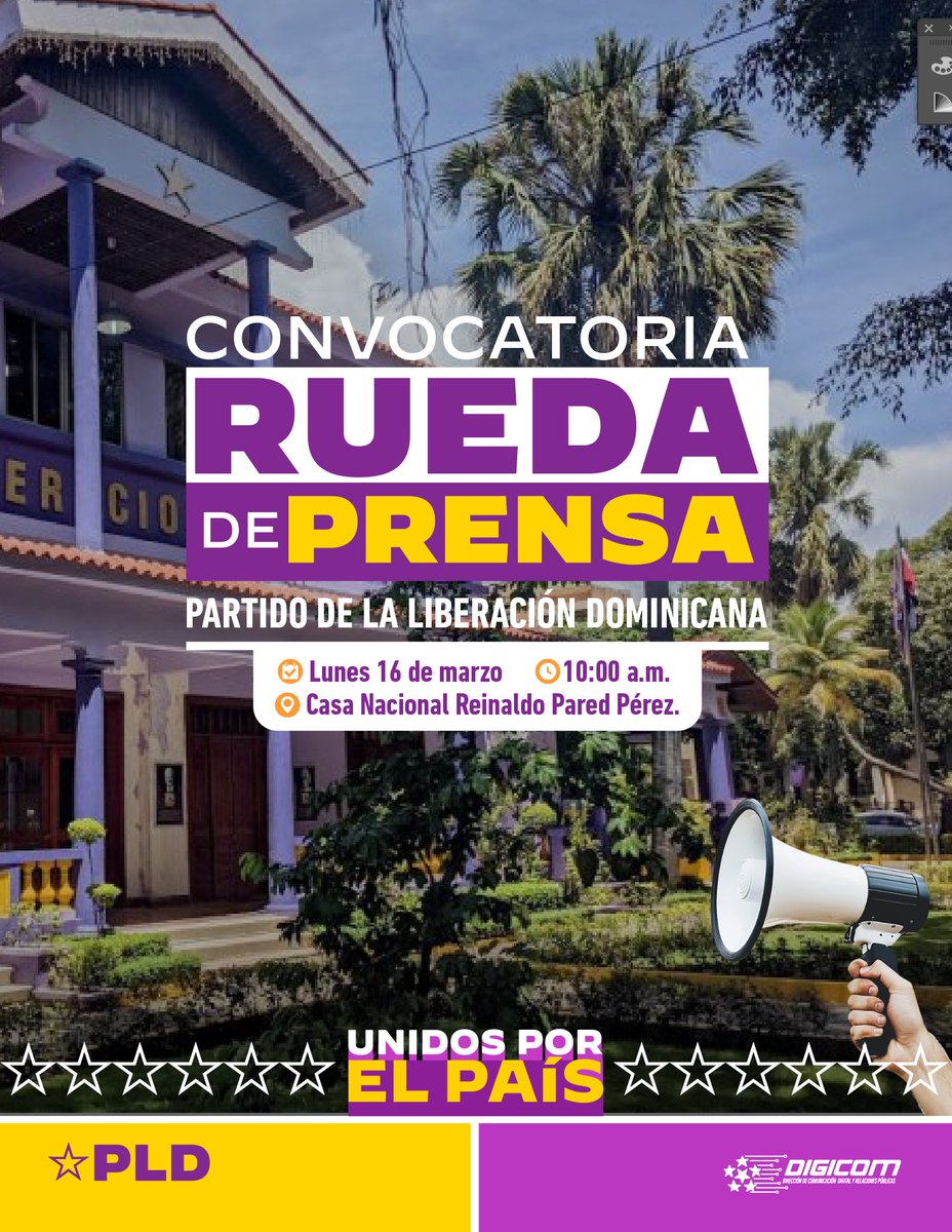 Convocatoria a #RuedaDePrensaPLD⭐️

Nuestro partido convoca a los medios de comunicación a su acostumbrado encuentro con la prensa este lunes, donde se abordarán temas de interés nacional y la posición del partido ante la situación del país.

¡Atentos! 📲 

#OposiciónRD