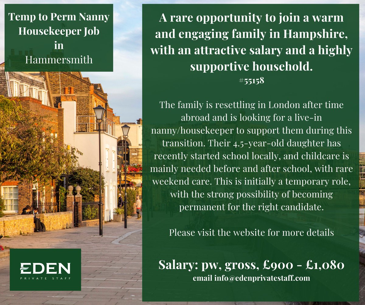 EdenPrivateStaf's tweet image. ✨ Temp-to-Perm Live-In Nanny/Housekeeper | London (Hammersmith) ✨

📩 Apply via Eden Private Staff  edenprivatestaff.com/job/new-temp-t…

#LiveInNanny #NannyHousekeeper #TempToPerm #NannyJobLondon #Hammersmith #PrivateNanny #ChildcareJobs #DomesticStaff #EdenPrivateStaff