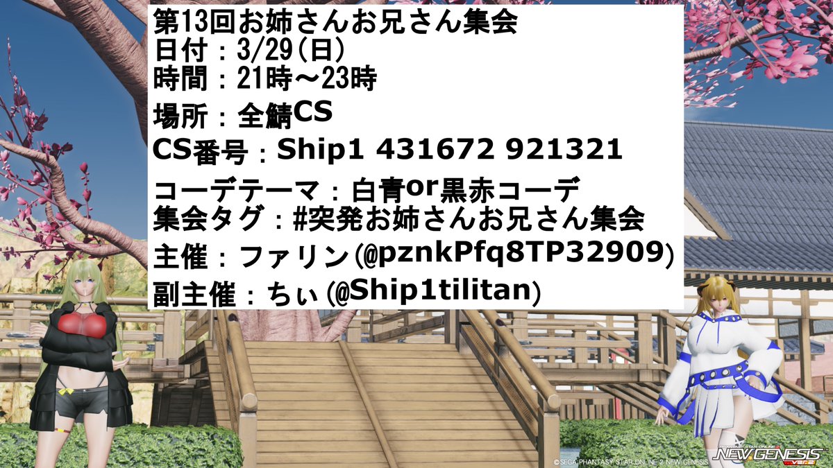 今月も「姉兄集会」 やります（｀・ω・´）ゝ
#PSO2NGS_SS #PSO2集会告知 #突発お姉さんお兄さん集会