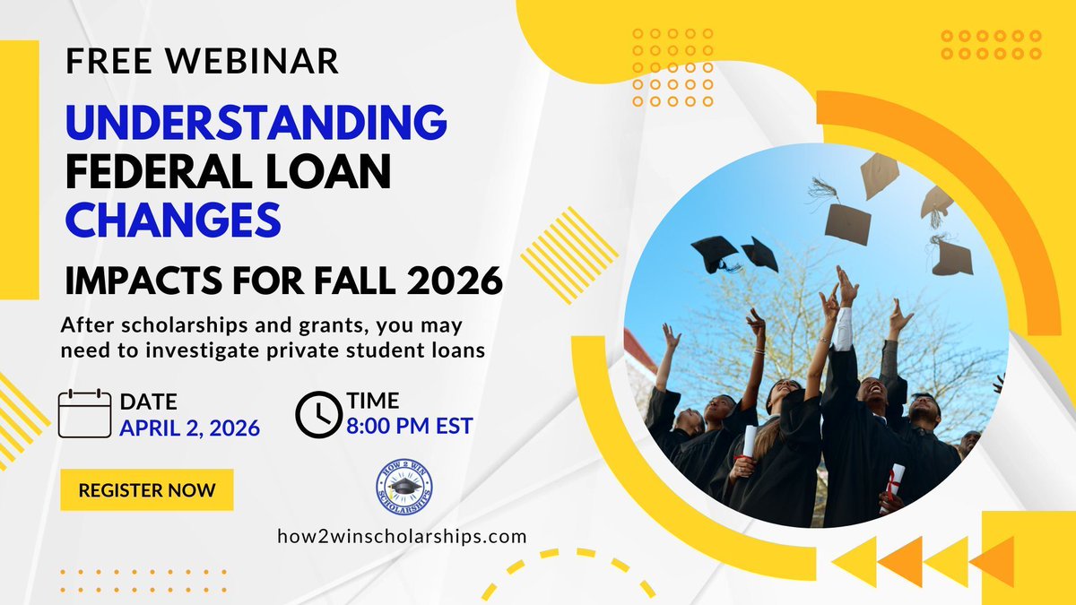 AidScholarship's tweet image. SAVE THE DATE ✅ FREE Webinar: Understanding Federal Loan Changes [Impacts for Fall 2026] Learn more here: conta.cc/40tVhvk #college #studentloans #payingforcollege #collegecash