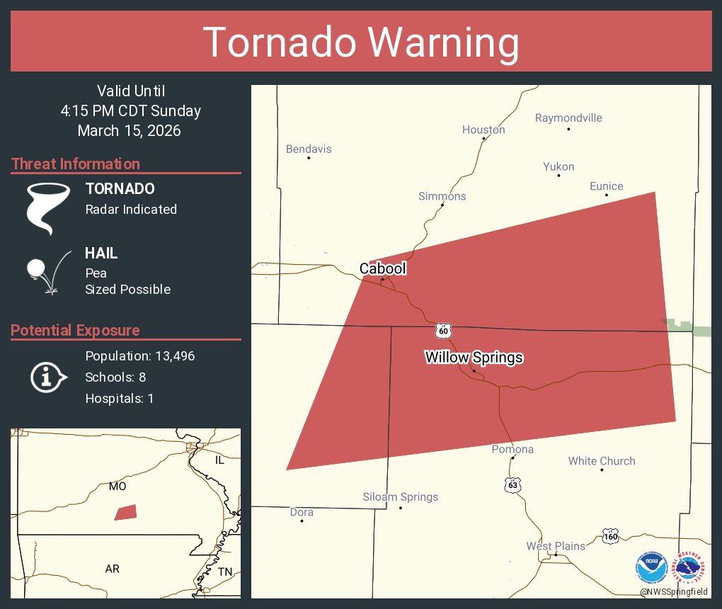 Tornado Warning including Mountain View MO, Willow Springs MO and  Cabool MO until 4:15 PM CDT