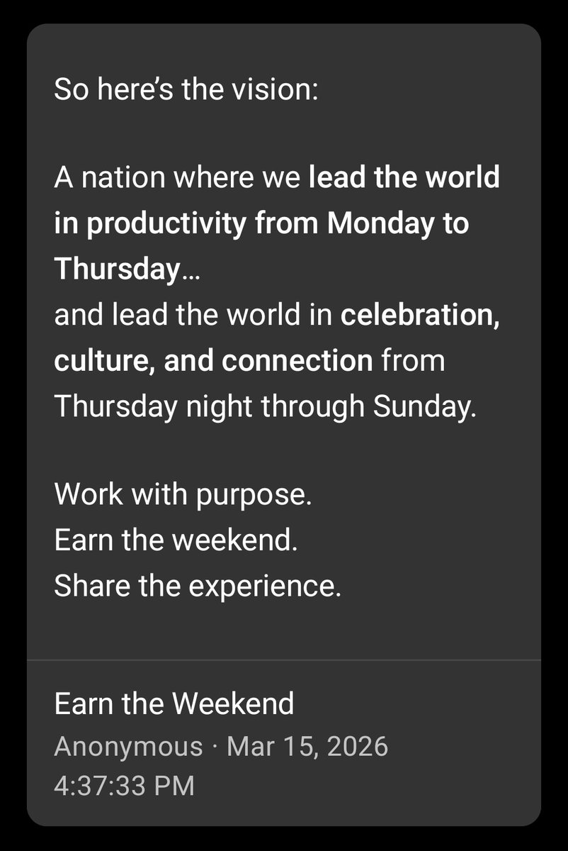 BarnumLives's tweet image. hey @ryanjnoonan

here's an invigorating speech for @AMCTheatres' @CEOAdam in which he advocates for Americans from every walk of life whose #productivity Monday through Thursday "earns" them an extra day of #weekend #leisure 

chatgpt.com/share/69b7188d…

#MERAKI