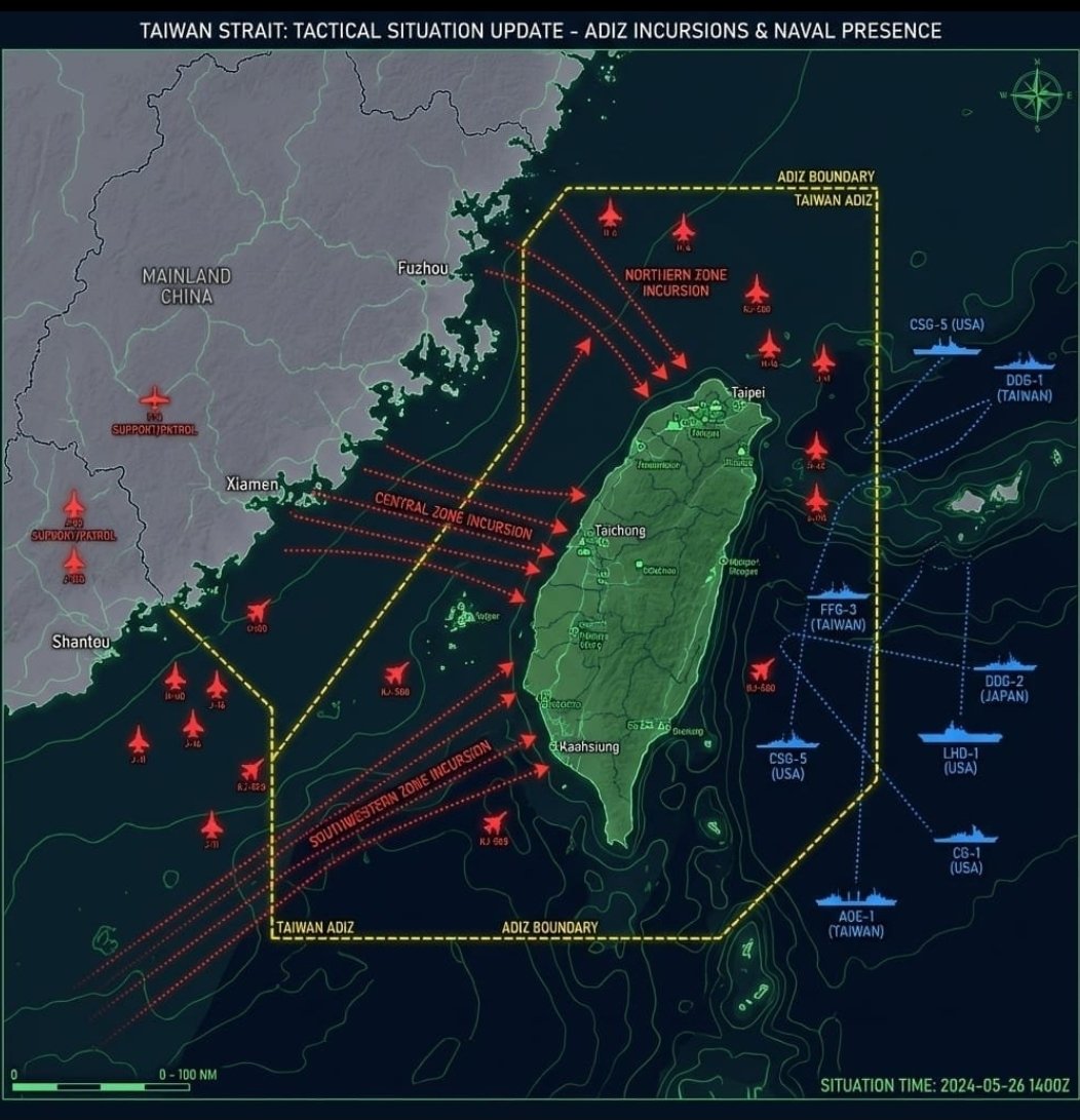 This map, which has circulated on this platform in recent hours, is AI generated. It is not even close to showing the current situation around Taiwan. 

It is seemingly based off of an exercise near Taiwan that occurred in 2024.