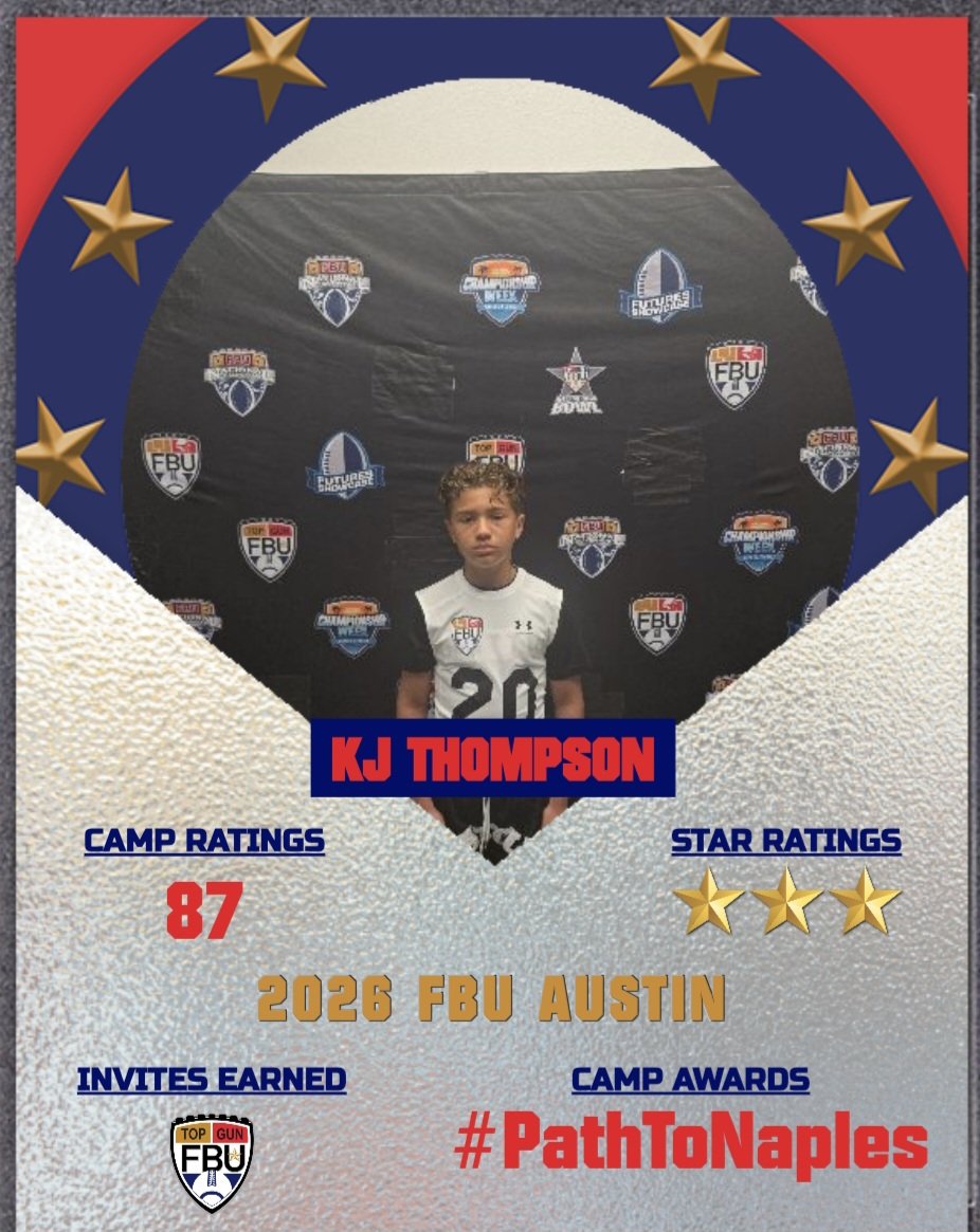 Kj_Thompson4's tweet photo. #AGTG BIG THANKS to @FBU_NC for the invite to #FBUTopGun. Its such an honor to showcase my skillset at the next level. @AWilliamsUSA @FbuAustin @kjonesfbuaustin @CoachWalraven @CoachWCompton @Storm24Tx @GrowthWithDesso https://t.co/VVWNbHntIF