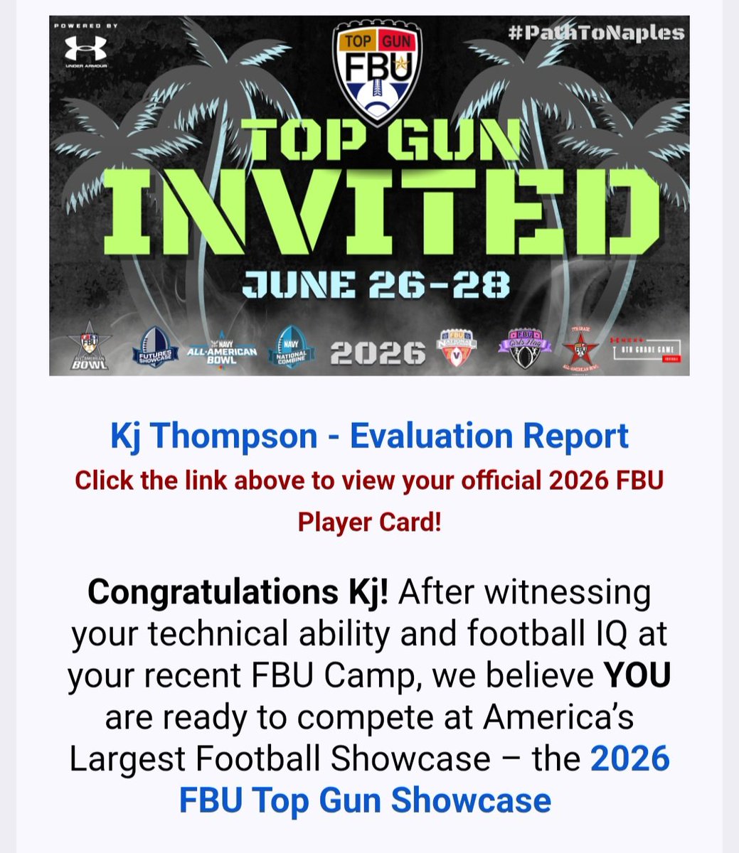 Kj_Thompson4's tweet photo. #AGTG BIG THANKS to @FBU_NC for the invite to #FBUTopGun. Its such an honor to showcase my skillset at the next level. @AWilliamsUSA @FbuAustin @kjonesfbuaustin @CoachWalraven @CoachWCompton @Storm24Tx @GrowthWithDesso https://t.co/VVWNbHntIF