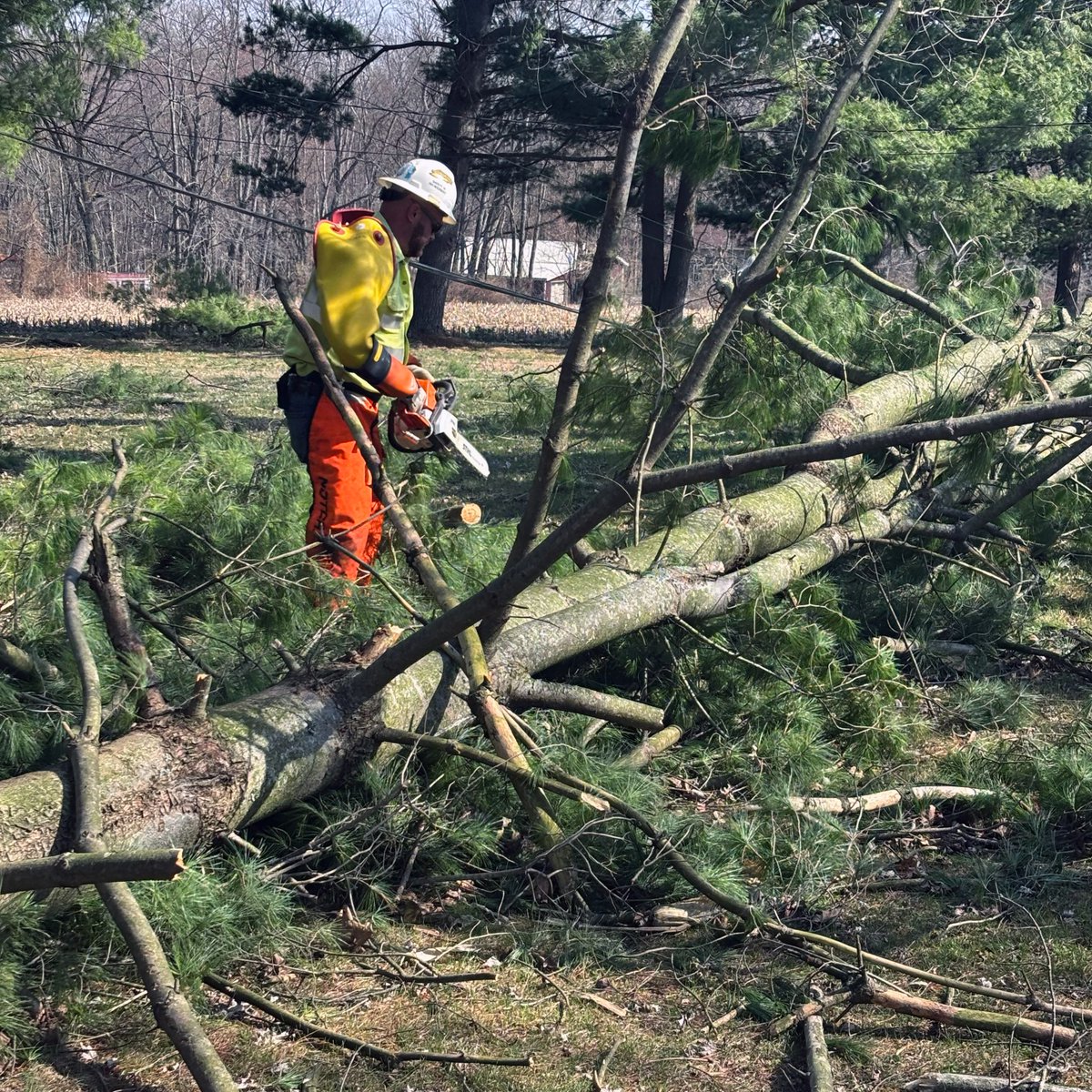 theenergycoop's tweet photo. A Wind Advisory with gusts up to 50 mph may slow restoration, but crews and mutual-aid partners are still working safely. We are up to 41 broken poles (found and/or fixed). Despite the wind, we nearly cut outages in half today (from 2,400 to 1,273 members). Work continues! https://t.co/0DWHPGmGFU