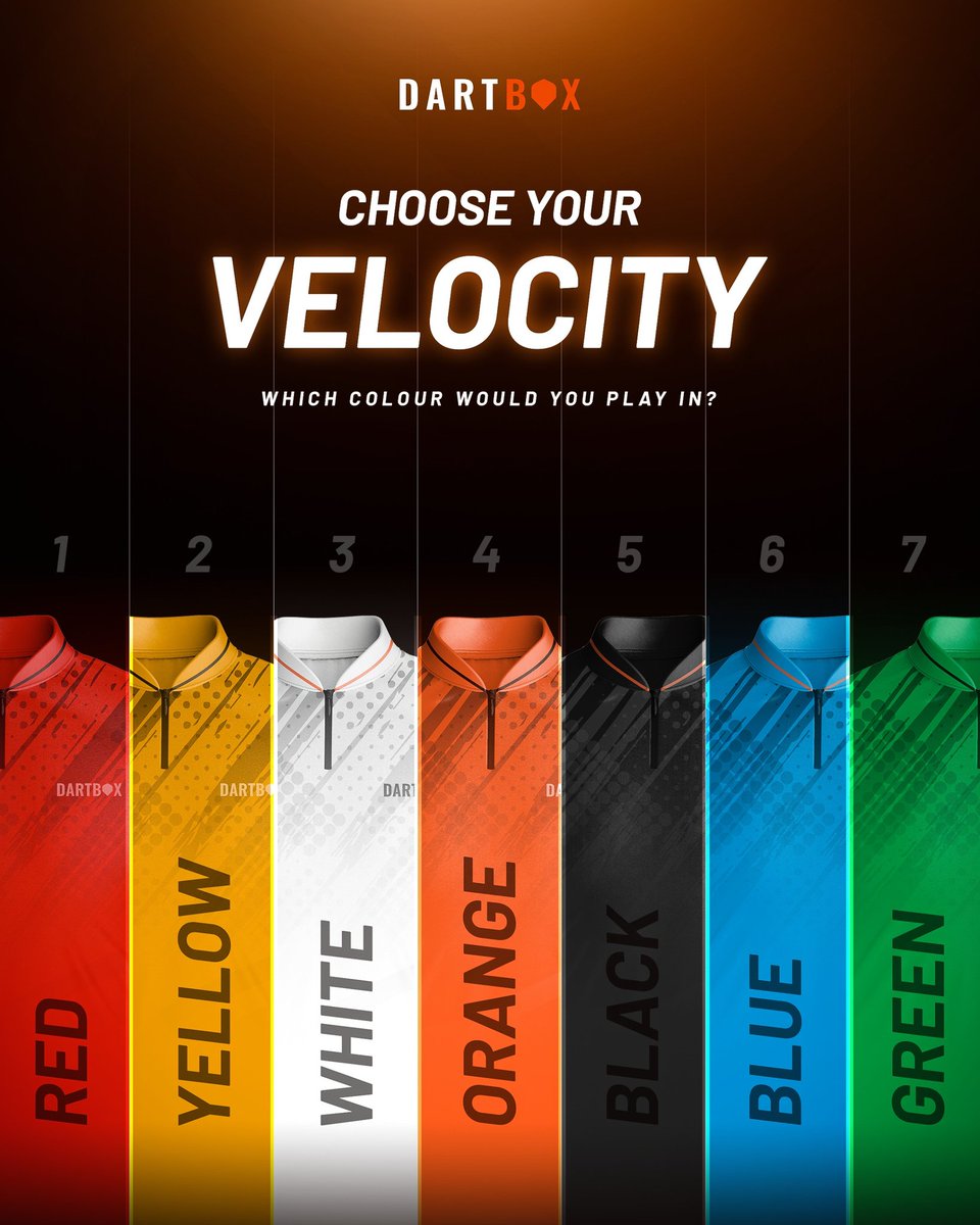 The Velocity range is coming to Dartbox 🎯

Seven colours.
One choice.

Which one are you wearing to the oche?

Comment your number 👇

#darts #dartbox #newproduct #clothing #dartshirt