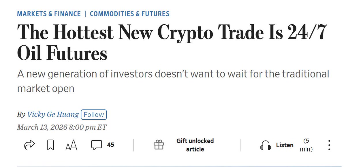e507's tweet photo. WSJ haber yapmış: "Dejenere traderlerın yeni aktivitesi, hafta sonu kaldıraçlı petrol alıp satmak."

Yaptıkları yer; L1 tipi blokzincir ortamı Hyperliquid. "Perpetual futures" diye geçiyor. Yapın demiyorum ama meraktan bakmak isterseniz petrol şurada:

https://t.co/fxahxxbRat https://t.co/G6gmSsMSSH