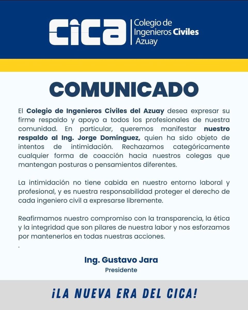 No me van a asustar. El ingeniero y veedor de la Contratación Pública, Jorge Domínguez, quien últimamente ha denunciado irregularidades en obras ejecutadas en el Austro, reveló que fue amenazado para que se calle. El Colegio de Ingenieros Civiles del Azuay le expresó su respaldo.