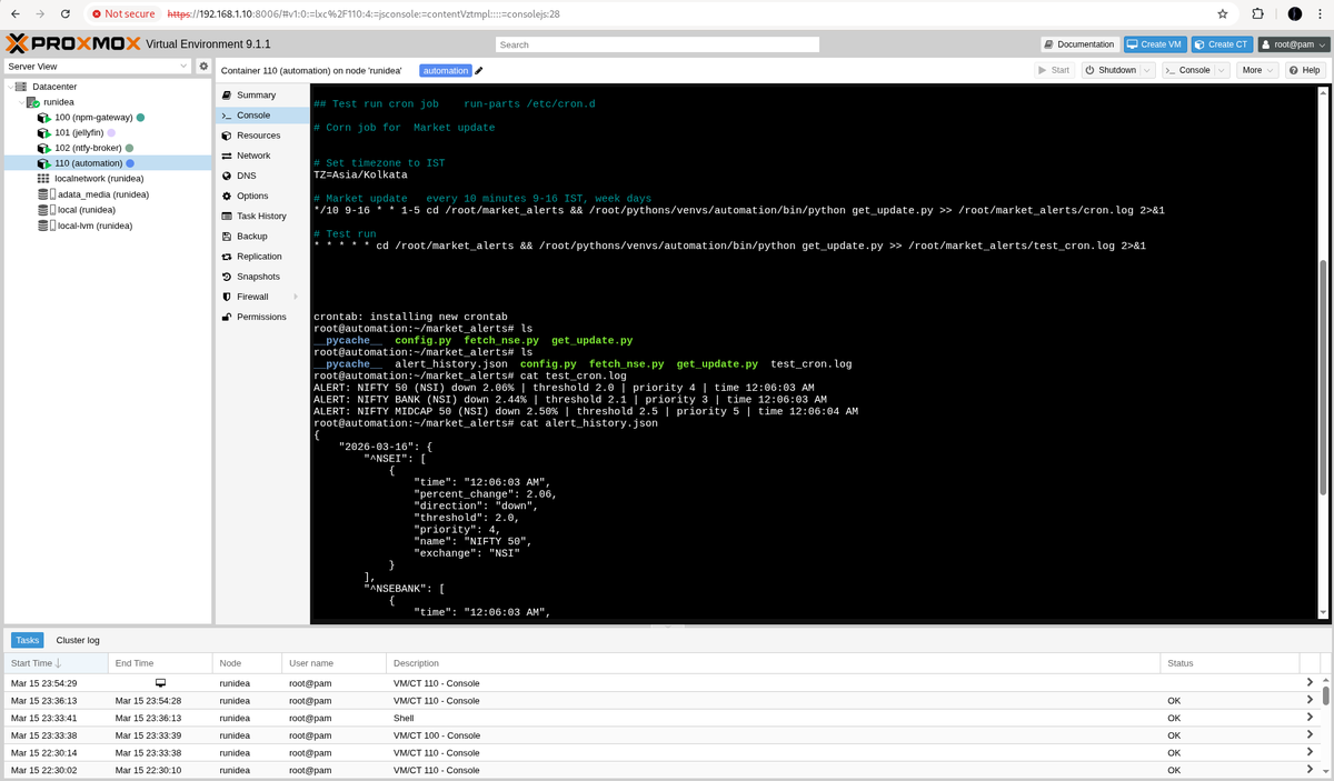 themallickboy's tweet photo. Weekend experiment: built a notification system with ntfy + Linux cron in my Proxmox lab.

Now my servers and Nifty 50 market updates send alerts directly to my phone, so I don’t miss important events while staying focused on work.

#Linux #Automation #SelfHosted #Homelab #DevOps https://t.co/90Ld7xj7y6