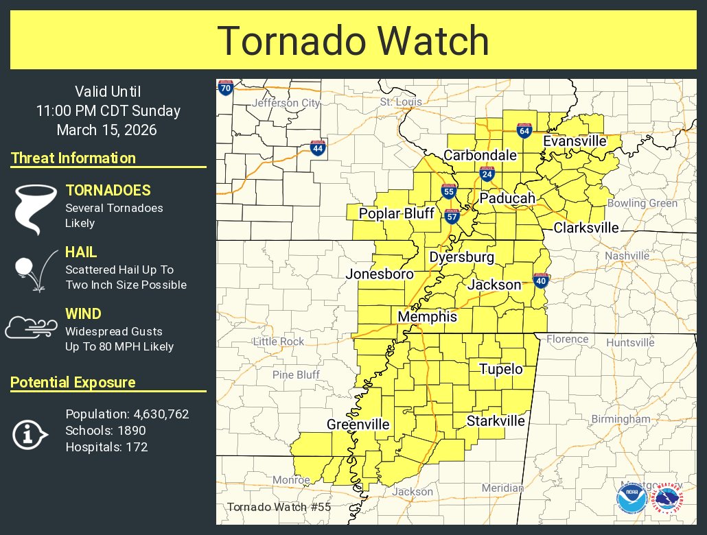 A tornado watch has been issued for parts of Arkansas, Illinois, Indiana, Kentucky, Louisiana, Mississippi, Missouri and Tennessee until 11 PM CDT