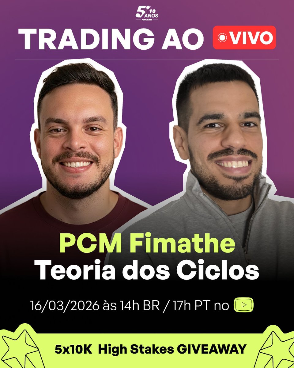The5ersPT's tweet photo. 🎁 GIVEAWAY: PCM Fimathe Teoria dos Ciclo

Aprenda a ler a periodicidade do mercado e a aplicar a precisão técnica do PCM Fimathe! Vamos analisar ao vivo como identificar o momento exato das reversões e encontrar oportunidades fundamentadas em ciclos reais.

🎁 GIVEAWAY: 5x10K High Stakes
 📅 Data: Amanhã, 16 de Março de 2026
🕒 14:00h BR / 17:00h PT
 📍 Link: https://t.co/D56oTe3Ugz

🔗O link do sorteio será partilhado exclusivamente durante a live!

Começa agora a tua jornada na The5ers: https://t.co/YQoNIC0Hqd

High 5! 🖐️