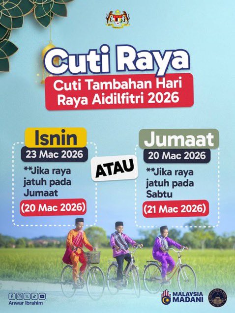 studynmalaysia's tweet photo. 🚨 أعلن رئيس وزراء ماليزيا أنور إبراهيم عن منح يوم إجازة إضافي بمناسبة عيد الفطر.

🔹 إذا صادف العيد يوم السبت ➜ ستكون يوم الجمعة إجازة إضافية.
🔹 وإذا صادف العيد يوم الجمعة ➜ سيكون يوم الاثنين إجازة إضافية. 

- https://t.co/pPkG04cfmd