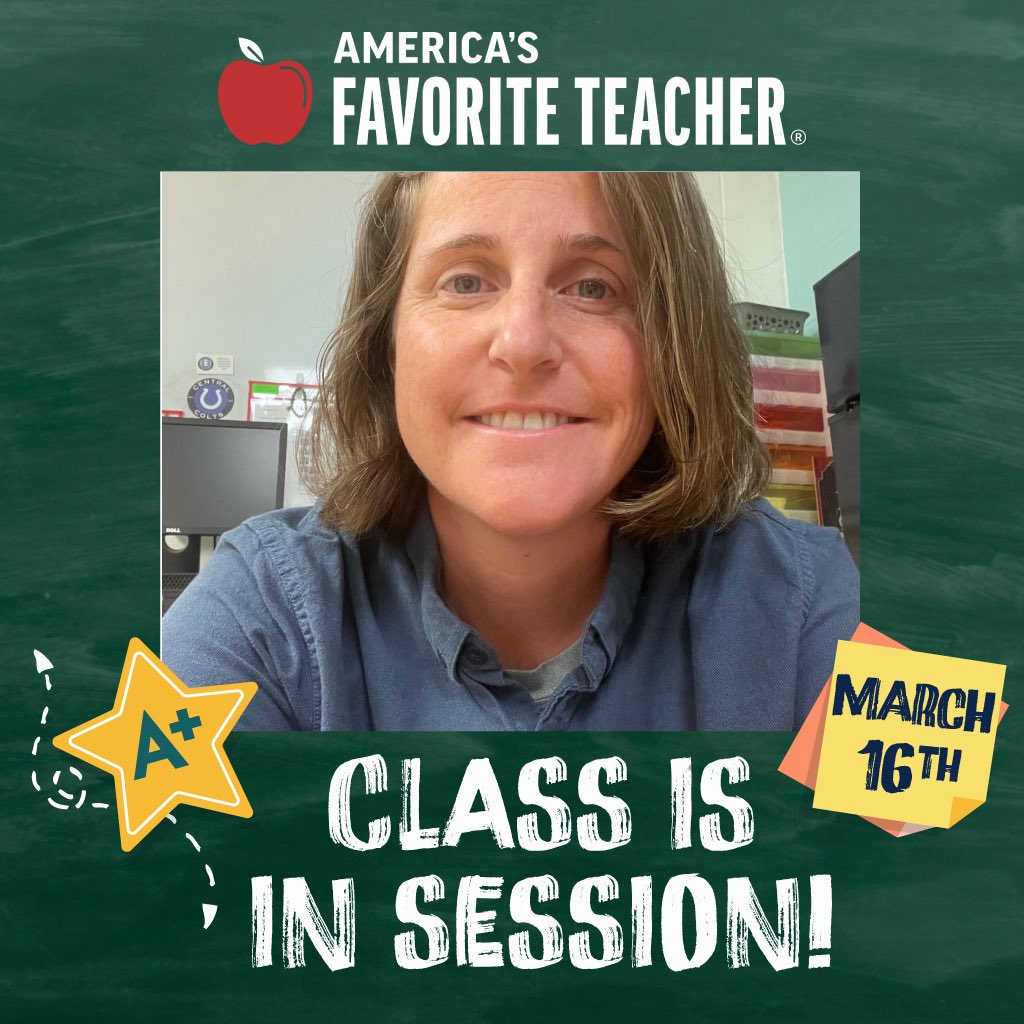 MrsBEducator's tweet photo. I’m in the running for America’s Favorite Teacher. You can vote for me starting tomorrow at noon CST. 1 free vote per day or you can make a donation to vote extra each day. Please share &amp; help my dream come true! https://t.co/JAePEfzik9 https://t.co/Y3wvWZc1mn