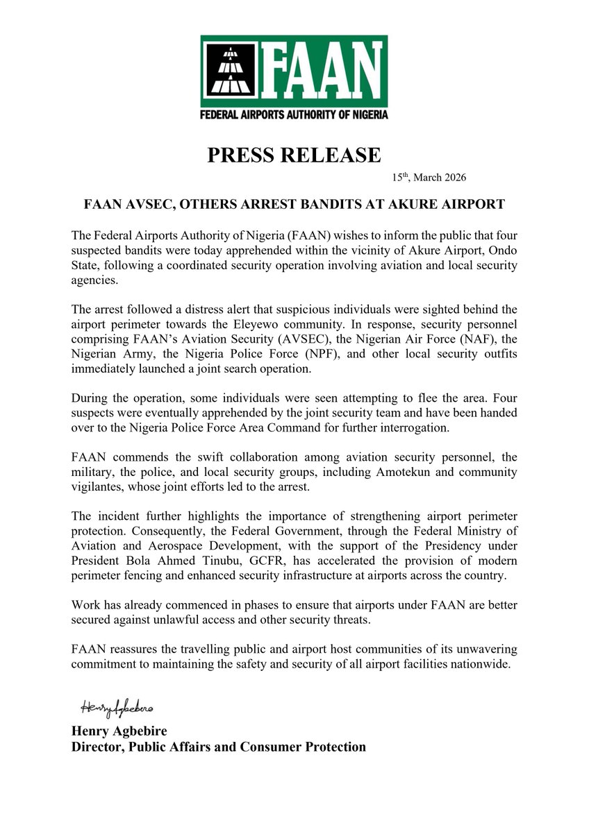 PRESS RELEASE

FAAN AVSEC, OTHERS ARREST BANDITS AT AKURE AIRPORT