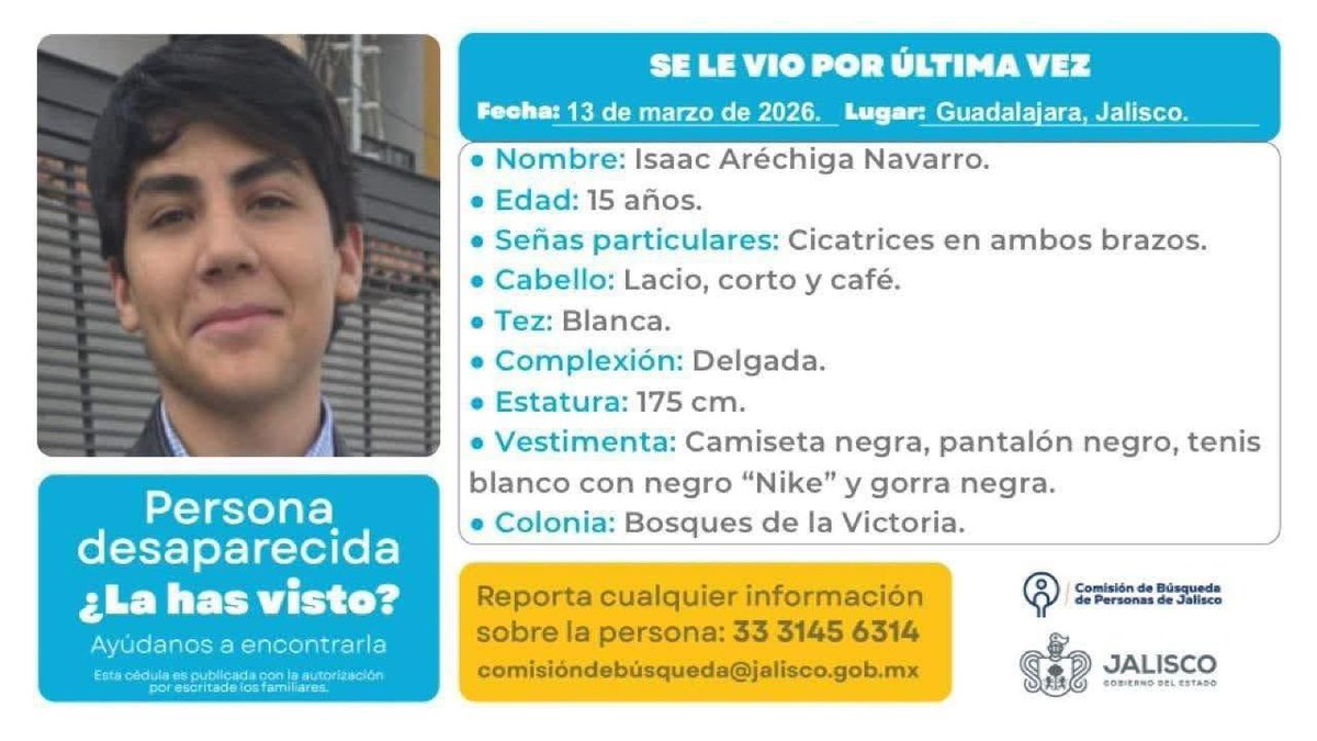 ErnestoGoca's tweet photo. #ServicioSocial

Compartan para localizar a Isaac Aréchiga Navarro de 15 años desaparecido el 13 de marzo en la Col. Bosques de la Victoria en Guadalajara. Cualquier información llamar ☎️ 3331456314. Gracias 🙏🏼 https://t.co/MjIBaO9Rvk