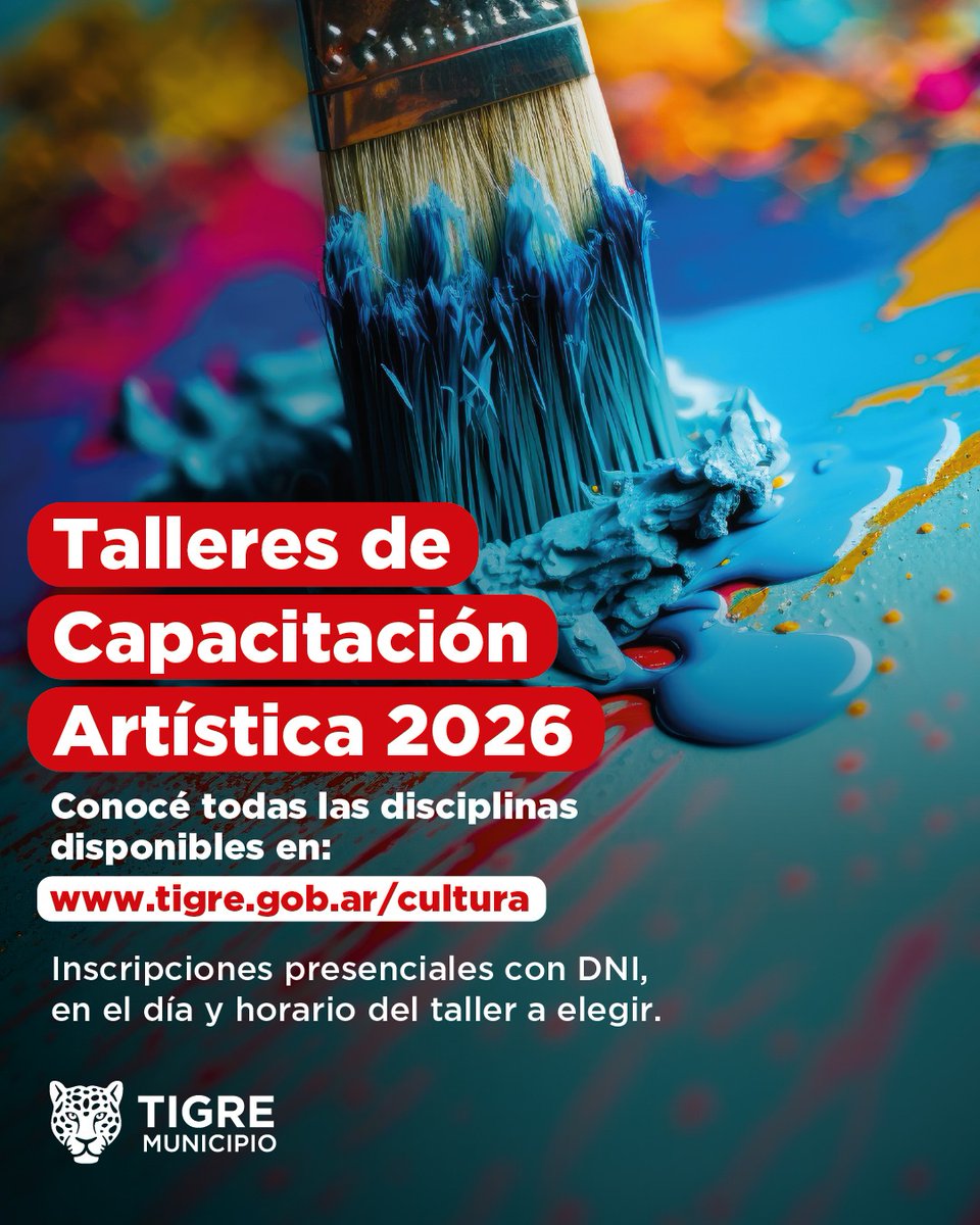 ¡𝐓𝐚𝐥𝐥𝐞𝐫𝐞𝐬 𝐝𝐞 𝐂𝐚𝐩𝐚𝐜𝐢𝐭𝐚𝐜𝐢𝐨́𝐧 𝐀𝐫𝐭𝐢́𝐬𝐭𝐢𝐜𝐚 𝟐𝟎𝟐𝟔! 👨‍👩‍👦‍👦

A partir del 𝟏𝟔 𝐝𝐞 𝐦𝐚𝐫𝐳𝐨 vuelven los talleres con múltiples disciplinas para aprender, crear y disfrutar de la cultura.

Conocé todas las propuestas en
 tigre.gob.ar/cultura⁠ ✨