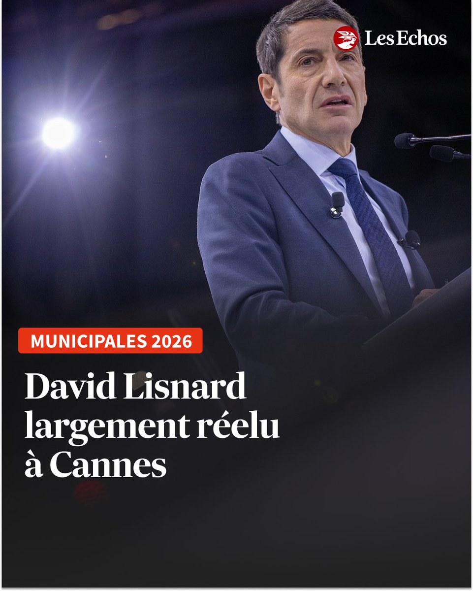 LesEchos's tweet photo. 🔴 EN DIRECT Le maire LR de Cannes David Lisnard, président de l'association des maires de France et candidat à la prochaine élection présidentielle, a annoncé dimanche soir avoir été réélu pour un troisi��me mandat avec « plus de 81 % des voix » ▶️ https://t.co/amtSQmEUfW https://t.co/n5v9nNr6Wl