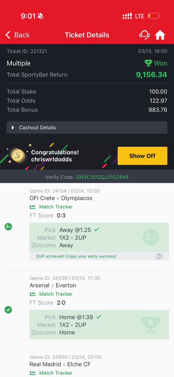 chriswrld233's tweet photo. Congratulations 🎊🎉 
We won 122 odds 🙌 https://t.co/KbmAGbRTml