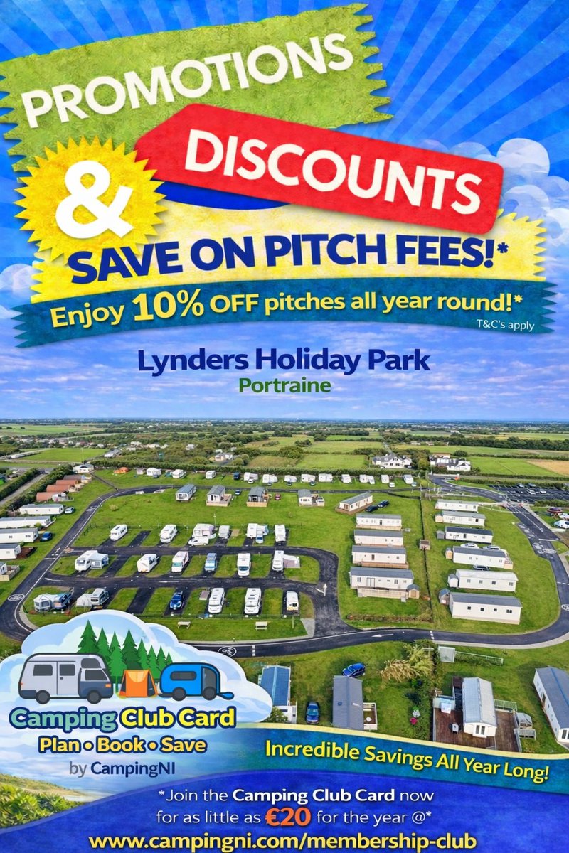 🏕️ Camping Deal Alert!
Camping Club Card members can enjoy 10% OFF pitch fees all year round at Lynders Holiday Park, Portrane.
✔️ Great location
✔️ Perfect for caravans, motorhomes &amp; campers
✔️ Membership from just £20 per year
Plan • Book • Save on your next camping trip.