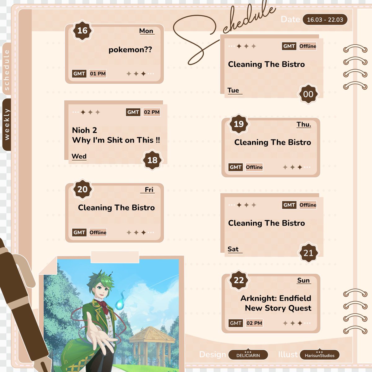 ☕️ The Bistro Menu for This Week is Served! 🍽️

Streams are fresh out of the kitchen from Mar 16 – Mar 22 

Take a seat, enjoy the show, and don’t miss this week’s special servings!
 
📺 𝓽𝔀𝓲𝓽𝓬𝓱.𝓽𝓿/𝓝𝓮𝓻𝓭𝔂𝓞𝓷𝓲
🎨 Art <a href="/HarisunStudios/">Harisun Studios (OPEN COMMISSION)</a>  
🎉Schedule: <a href="/DeliciaRin_/">𝐃𝐞𝐥𝐢𝑅𝑖𝑛 🪢🩷</a>