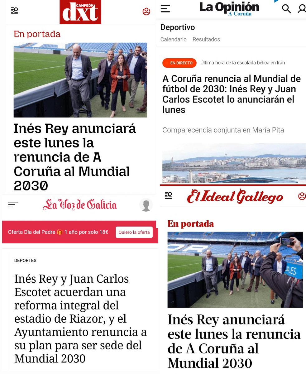 Inés Rey renuncia a que A Coruña sea sede del Mundial 2030.

Inés Rey lleva años mintiendo a los coruñeses: no tenía inversor, ni financiación, ni proyecto. Era todo humo.

Inés Rey nos ha hecho pasar de la máxima ilusión a la máxima decepción.